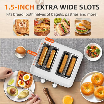 White Toaster 4 Slice, Dual Independent Controls, Extra Wide Slot Toasters