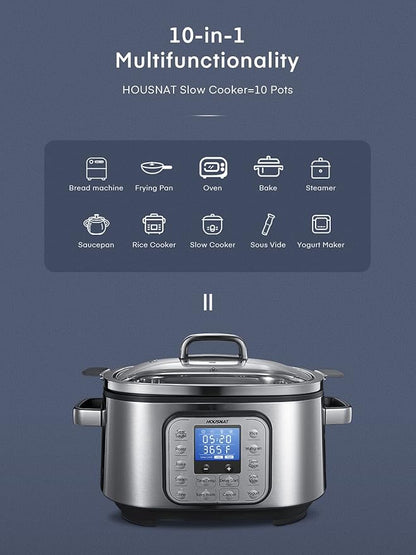 HOUSNAT Slow Cooker, 10 in 1 Programmable Cooker, 304 Stainless Steel Rice