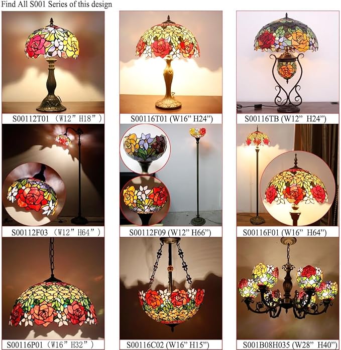 WERFACTORY Tiffany Floor Lamp Red Rose Flower Stained Glass Arched Lamp 10X18X64 Inches Gooseneck Adjustable Corner Standing Reading Light Decor Bedroom Living Room S001 Series