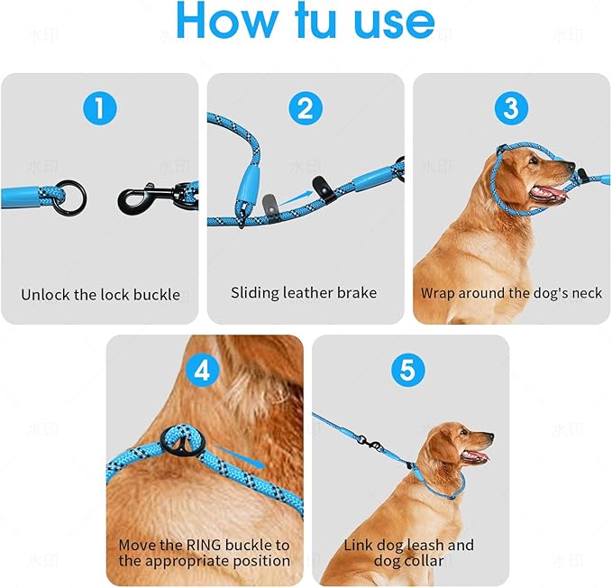 Detachable 2/5" Slip Lead, 4FT 6FT 8FT with Comfortable Silicone Handle Strong Rope Leash for Large Medium Small Dogs No Pull Highly Reflective Pet Training Leash (Blue-Black, 6FT)