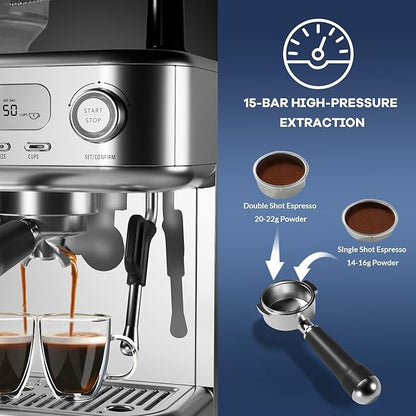 IDEALHOUSE Espresso Maker with Grinder, Milk Frother, 15 Bar Pump, 15 Grind