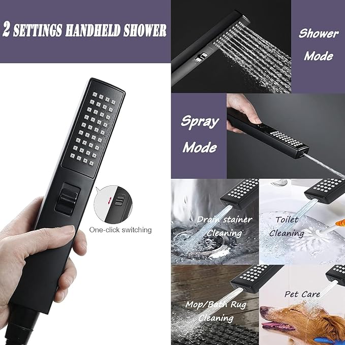 10" High Pressure Square Rainfall Shower Head and 2-in-1 Hand Shower, Rainfall