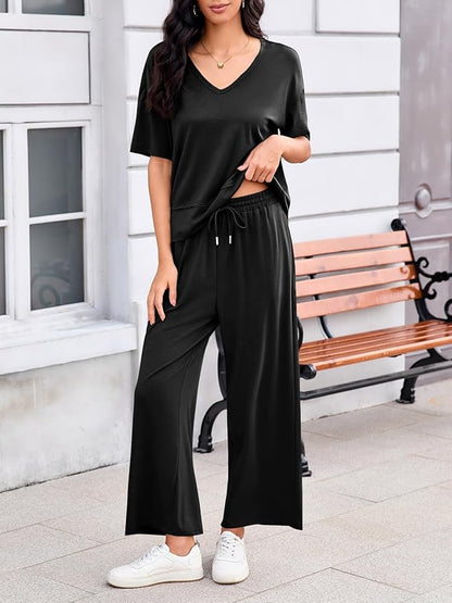 Tankaneo Womens 2 Piece Sets Casual Tracksuits Short Sleeve Tops Wide Leg Pants Outfits Lounge Sets