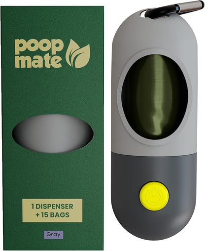 Dog Poop Bag Holder with Flashlight - Waste Bag Dispenser for Night Walks - Durable, Portable with Leash Clip & Carabiner - Includes 15 Dog Poop Bags - Gray