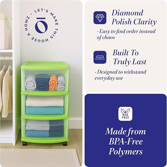 HOMZ 2-Pack Drawer Tower, 3-Tier Clear Plastic Storage Organizer Cart, Bold