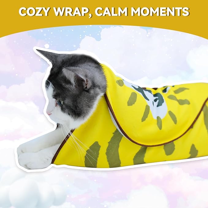 Cat Grooming Wrap for Cutting Nails, 27.6" Anti-Escape Calming Cat Swaddle Wrap for Medicine, Nail Clipping, Teeth Brushing, Ear Cleaning, Self-Adherent Burrito Restraint, (Tiger Print, L)