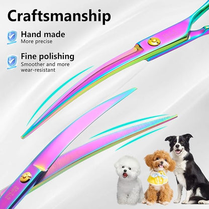 Dog Grooming Scissors, Professional 4 in 1 Dog Shears Set,Chunker Scissers,Curved Scissors,Thinning Shears and Comb for Cat Pet with Left Handed Deg Curved Shear