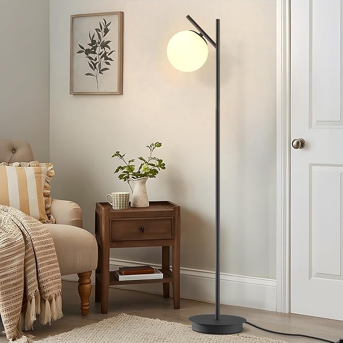 Modern Floor Lamp for Living Room Retro Vintage Tall Standing Lamp Mid Century Black Freestanding Lamp Contemporary Glass Floor Lamps for Bedroom Office Hotel
