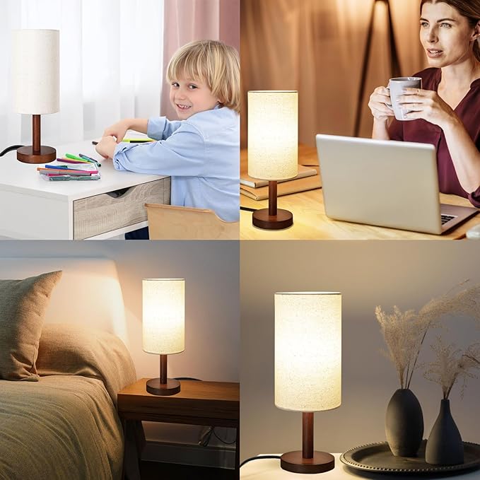 Small Table Lamp for Bedroom, Nightstand Lamp Linen Lampshade Bedroom Wood Base Small Bedside Lamp for Night Stands, Desk Lamps for Reading Living Room, Office (LED Bulb Included) (Black-Walnut Wood)