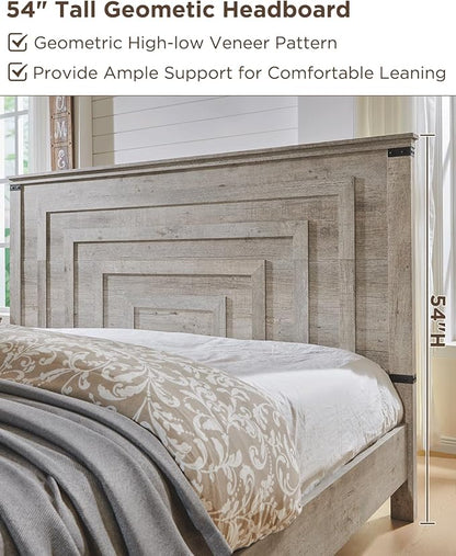 T4TREAM Farmhouse Queen Size Bed Frame with 54" Tall Geometric Headboard & 2 Large Storage Drawers, Rustic Wood Platform Bed with Wood Slats Support, No Box Spring Needed, Light Rustic Oak