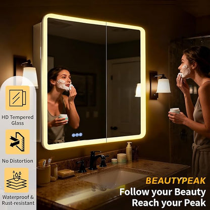 BEAUTYPEAK 36 x 32 LED Bathroom Medicine Cabinet Mirror, Adjustable Shelves