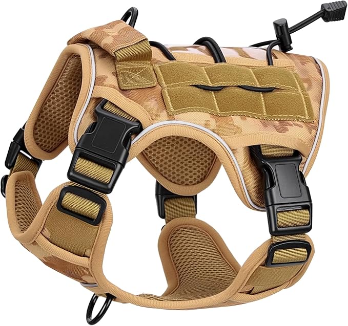 Heavy-Duty Tactical Dog Harness for Large Dogs, No Pull Adjustable Reflective Pet Vest with Molle System, K9 Military-Grade Control for Service Training, Outdoor & 10+ Breeds, Khaki Camo, Small