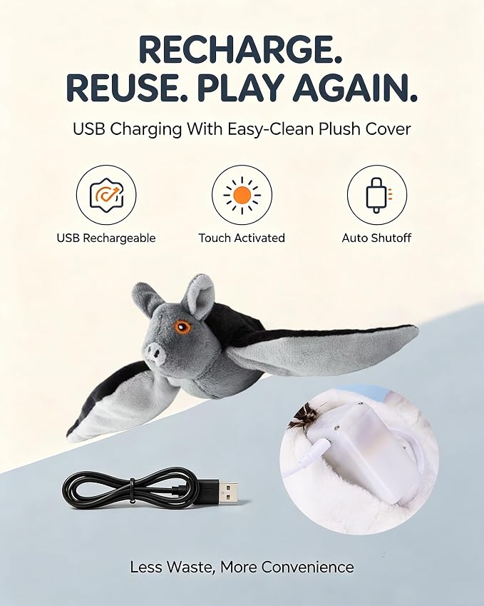 Flying Bat Dog Toy, Interactive Flying Bat Toy for Dogs with Flapping Wings, Chirping Sounds, USB Rechargeable, Touch Activated, Hanging or Floor Toy for Dogs, Puppies and Cats to Reduce Boredom，2 PCS
