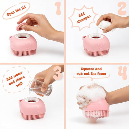 HamInWay Dog Bath Brush, 2-in-1 Dog Brush for Grooming with Built-in Shampoo Dispenser, Gentle Silicone Bristles for Bath & Massage,Easy Clean Design for Dog, Cats & Small Pets, Pink