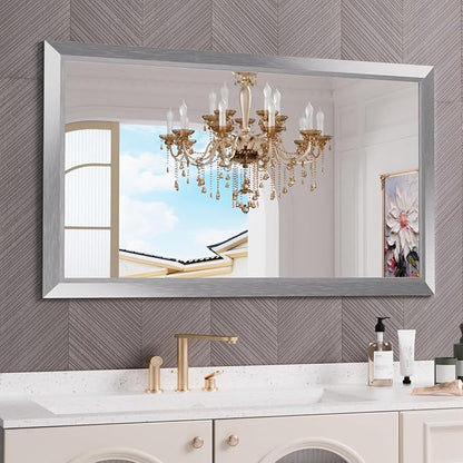 Amorho Bathroom Mirror, 50 X30 Inch Silver Thick Metal Framed Wall Mirrors