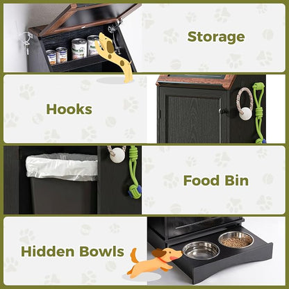 Black 38.4" H Dog Feeding Station with Storage | Pet Food Storage Cabinet with 2 Elevated Bowls,Hooks,Hidden Dog Feeding Organizer for Cats and Dogs