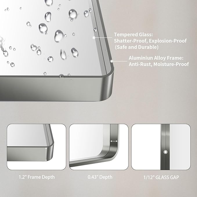 LOAAO 48X30 Inch Brushed Nickel Bathroom Mirror, Rounded Rectangle Silver Metal