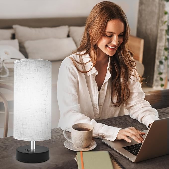 Small Lamp for Bedroom, Bedside Lamps for Night Stands, Mini Minimalist Table Lamp with Round Flaxen Fabric Shade, 11.8 Inch Desk Reading Lamp for Dorm Room Living Room Office Room, 2 Pack