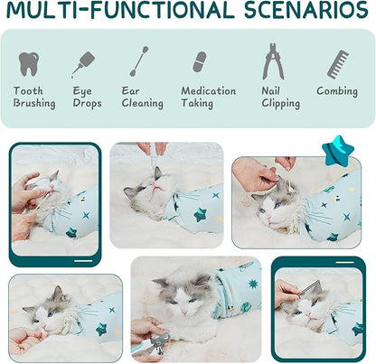 Cat Wrap for Cutting Nails, Self-Adhesive for Grooming, Anti-Scratch Cat Swaddle Wrap for Medicine, Nail Clipping, Teeth Brushing, Ear Cleaning
