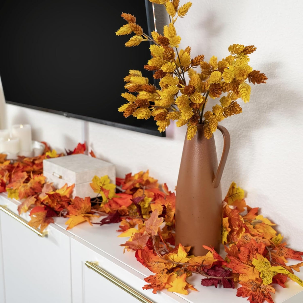 CQURE 20 Pack Fall Leaf Garland, Total 118Ft Artificial Fall Vines Autumn Garland Fall Maple Leaves Thanksgiving Decor for Home Wedding Fireplace Party