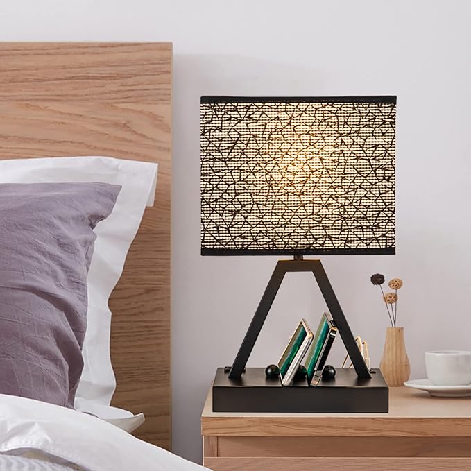 Briever Touch Control Table Lamp, 3-Way Dimmable Desk Lamp with USB C & A and AC Outlet, Bedside Lamp with Phone Stands for Bedroom, Living Room, Office, LED Bulb Included, Black Shade
