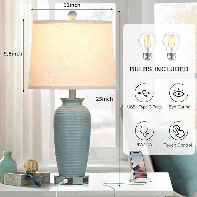 25" Farmhouse Jar Table Lamps Set of 2, 3 Way Touch Control Rustic Bedside Lamps with USB A+C Ports & AC Outlet, Pot Nightstand Lamps for Bedroom Living Room (LED Bulbs Included)