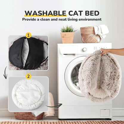 CATISM Cat Bed, Plush Hooded Cat Beds for Indoor Cats, Self Warming Cats Beds Cave, Cozy Pod for Indoor Kitten or Small Dog, Removable Washable with Non-Slip Bottom