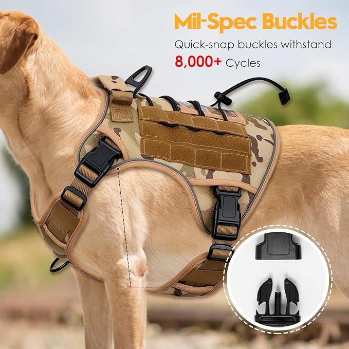 Heavy-Duty Tactical Dog Harness for Large Dogs, No Pull Adjustable Reflective Pet Vest with Molle System, K9 Military-Grade Control for Service Training, Outdoor & 10+ Breeds, Desert Camo, X-Large