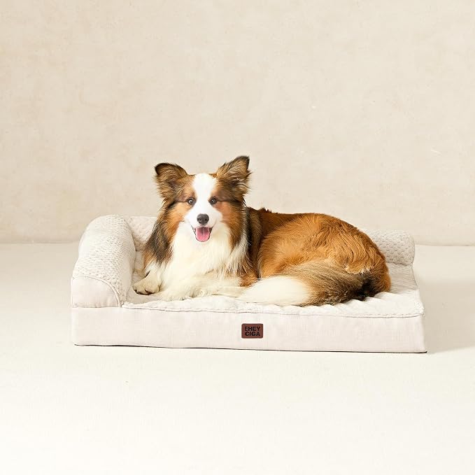 EHEYCIGA Large Dog Bed Memory Foam for Crate, Orthopedic Dog Bed Large Size Dogs with Washable Removable Cover, Waterproof Pet Sofa Couch with Nonskid Bottom, 35x22x6, Beige | Small Dog Sofa with Washable Removable Cover, Waterproof Pet Couch for Crate...