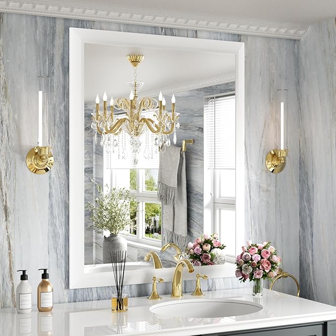 Amorho Bathroom Mirror, 28x36 Inch White Thick Metal Framed Wall Mirrors