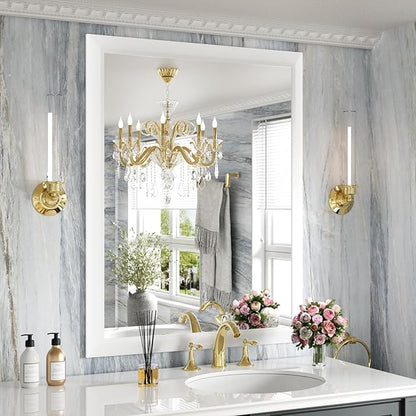 Amorho Bathroom Mirror, 28x36 Inch White Thick Metal Framed Wall Mirrors