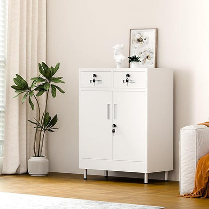 Metal Storage Cabinet with Locking Doors and 2 Drawers, Lockable Storage