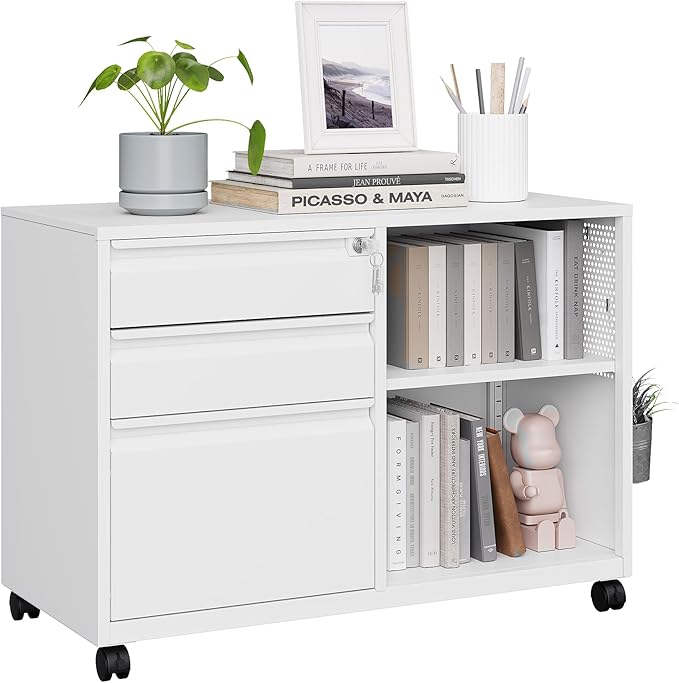 MIIIKO File Cabinet 3 Drawer, Home Office Rolling File Storage Cabinet