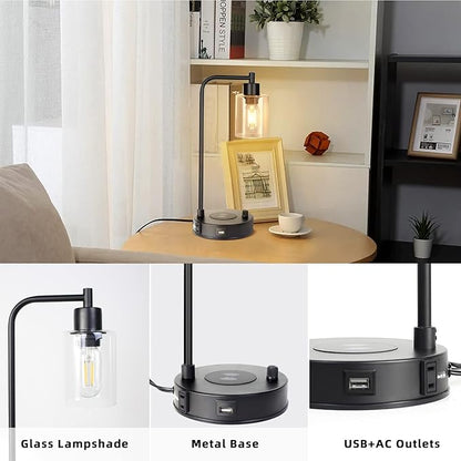 Industrial Table Lamp with Wireless Charing, Fully Stepless Dimmable Lamps Nightstand Lamps, Desk Lamp with Glass Shade Reading Lamp for Office Living Room (Black 02)