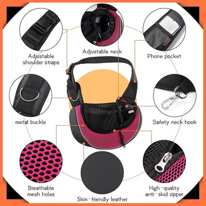 YUDODO Pet Sling Carrier for 5-9 lbs Small Dogs Cat Puppy Crossbody Carrier | Bottom support, Safety Hook, Large Zipper Pocket, Soft Breathable Mesh, Adjustable Strap, Reflective Strip, Pink, M