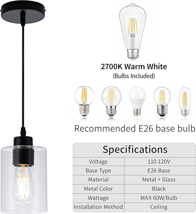 MAYNA 2 Pack Black Pendant Lights Kitchen Island, Mini Pendant Light Fixture with Clear Glass Shade, Adjustable Cord Industrial Farmhouse Hanging Ceiling Lamp for Dining Room, Sink, Bar(Bulb Included)