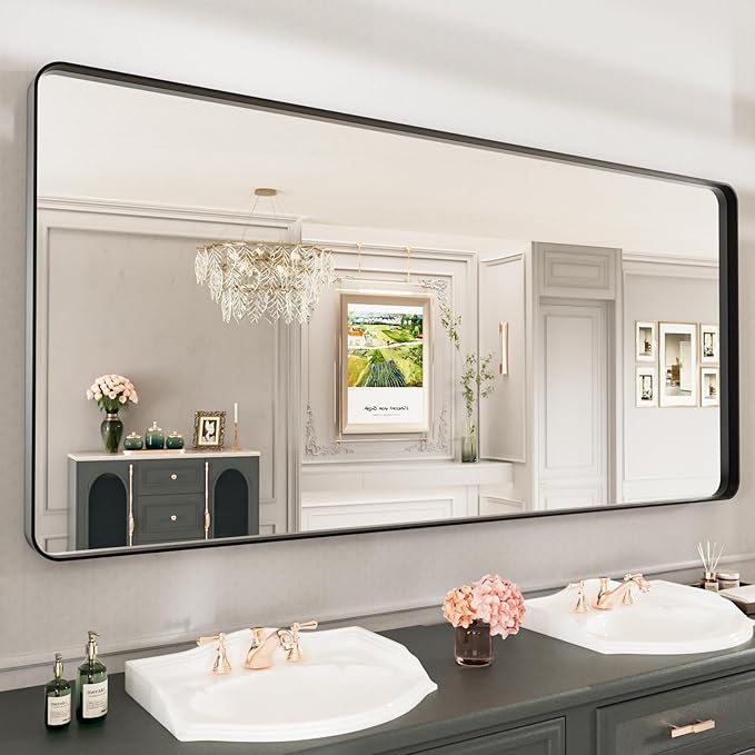 LOAAO 77X36 Inch Black Metal Framed Bathroom Mirror