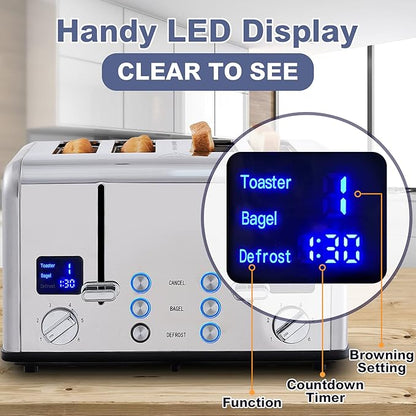 CUSIMAX 4 Slice Toaster, Ultra-Clear LED Display & Extra Wide Slots, Dual