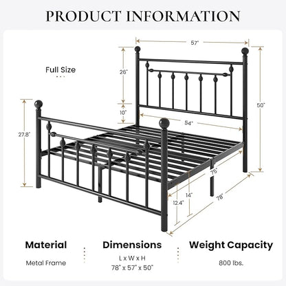 SHA CERLIN 14'' Full Size Metal Platform Bed Frame/Victorian Headboard and Footboard/Steel Slats Mattress Foundation for Storage/No Box Spring Needed/Noise Free/Black