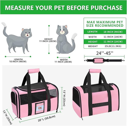 20" Large Cat Carrier Soft Sided for Cats Under 25 lbs, Folding Dog Carrier 20" Carrier for 2 Cats Travel Carrier - Pink