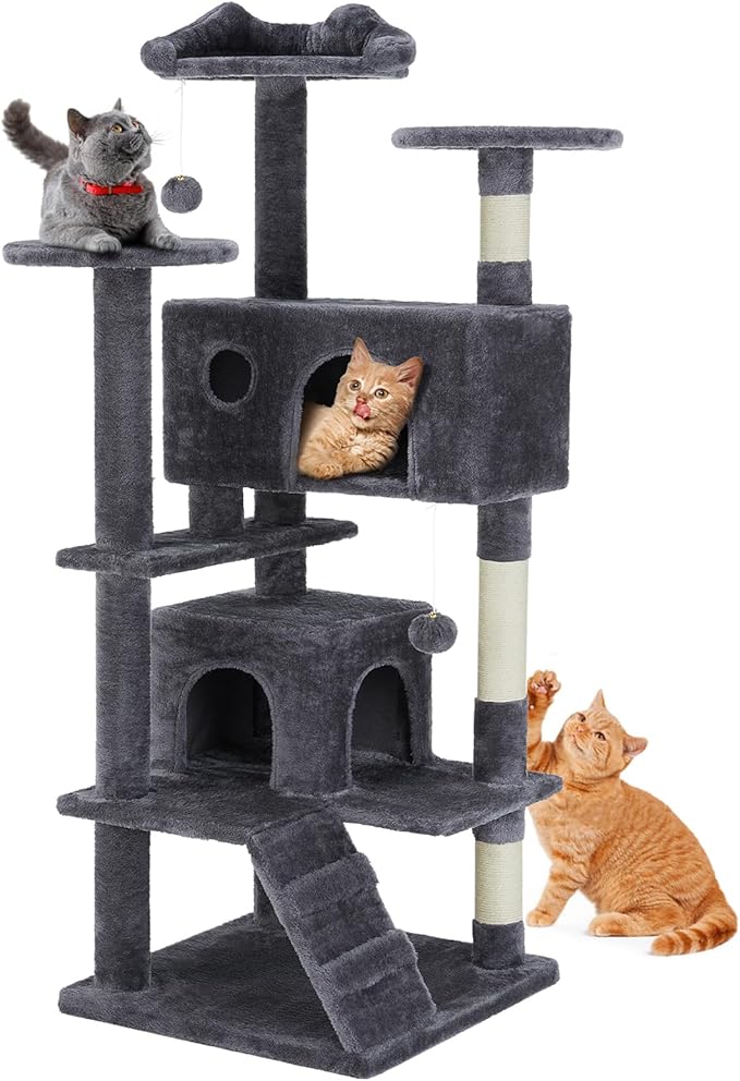 Sweetcrispy 54-Inch Cat Tree Tower – Multi-Level with Sisal Scratching Post, Perfect Pet Gift, Indoor Condo with Climbing Ladder, Plush Toy, and More Animal Stuff, Grey