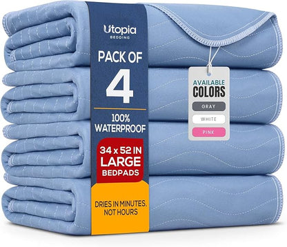 4 Pack Waterproof Reusable Heavy Absorbency Incontinence Bed Pads 34"x52" | Utopia Bedding Washable Underpads, Chuck Pads for Adults, Kids, Elderly and Pets, Bedwetting Pads for Sofa and Couch, Blue