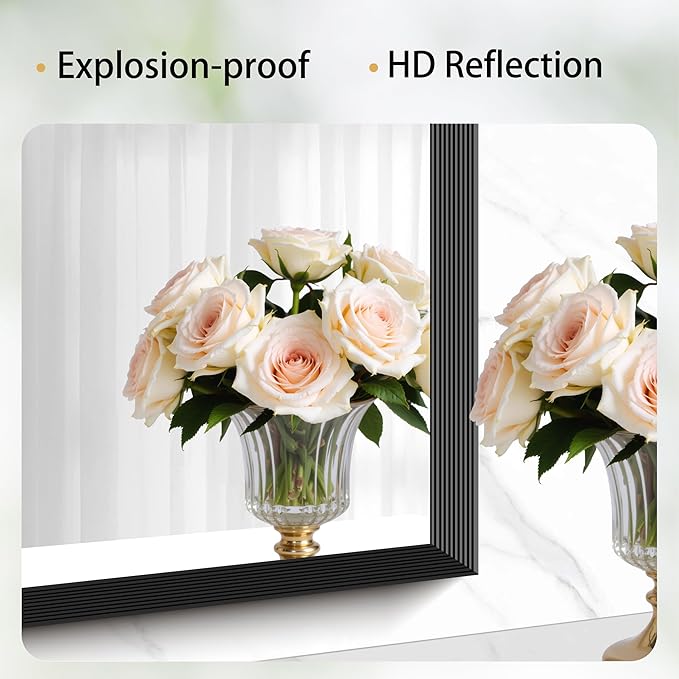 Black Bathroom Mirror 30 x 50 Inch Rectangle Wave Beveled