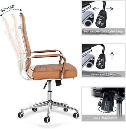 BOWTHY Home Office Chair Ribbed, Modern Leather Conference Waiting Room Chairs,Ergonomic Office Desk Chair, High Back Executive Computer Chair, Adjustable Swivel Chair with Arms (Brown)