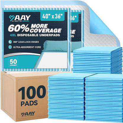 AAY Extra Large 40"x36" Disposable Underpads for Incontinence, 100 Count | Super Absorbent, Leak-Proof, Bed Pads for Adults, Elderly, Kids, Pee Pads, Chucks Pads, Furniture & Surface Protection Pad
