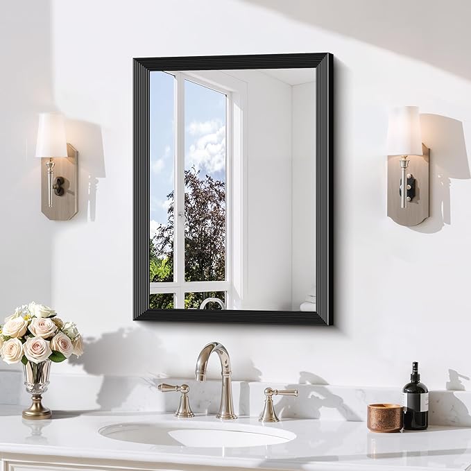 Black Bathroom Mirror 18 x 24 Inch Rectangle Wave Beveled
