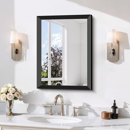Black Bathroom Mirror 18 x 24 Inch Rectangle Wave Beveled