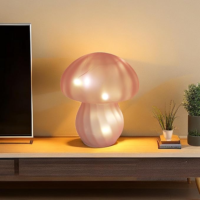 Mushroom Table Lamps Night Lights Cute Glass Nightstand Bedside Desk Lamps for Bedroom Living Study(Bulb Included) - Pink Stripes