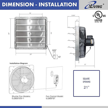 iLIVING 20" Wall Mounted Shutter Exhaust Fan, Automatic Shutter,