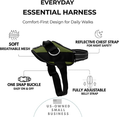 ShawnCo Essential Dog Harness, No-Pull Pet Vest (Olive Green,L) | 3 Leash Clips, Easy On, No-Choke, Reflective, Adjustable Fit, Padded Comfort, Control Handle, For Small, Medium & Large Dogs
